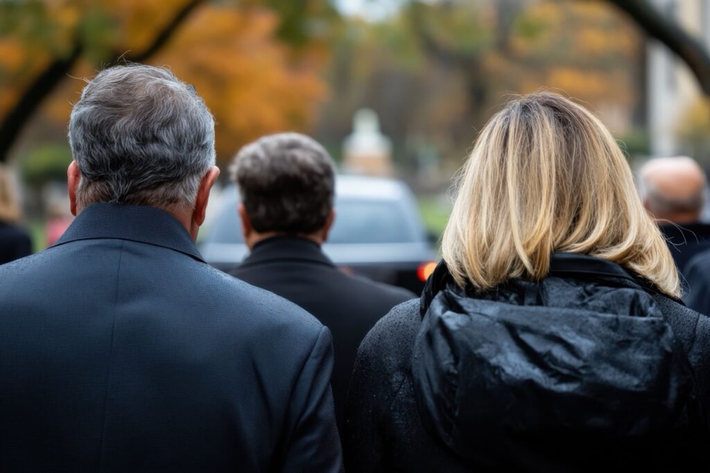 man and woman dressed in black at funeral