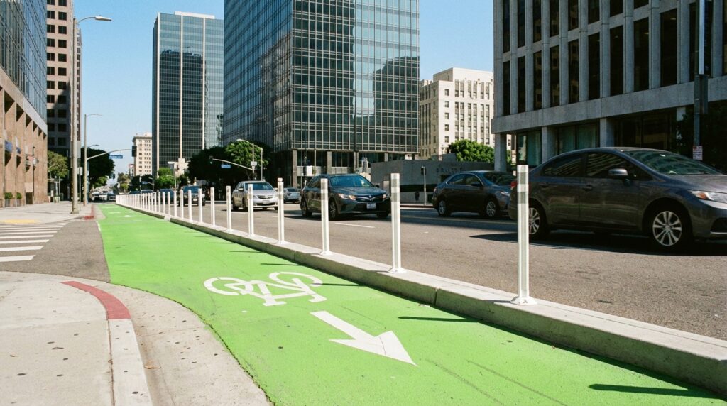Green-painted protected bike lane on a Los Angeles downtown street with bollards