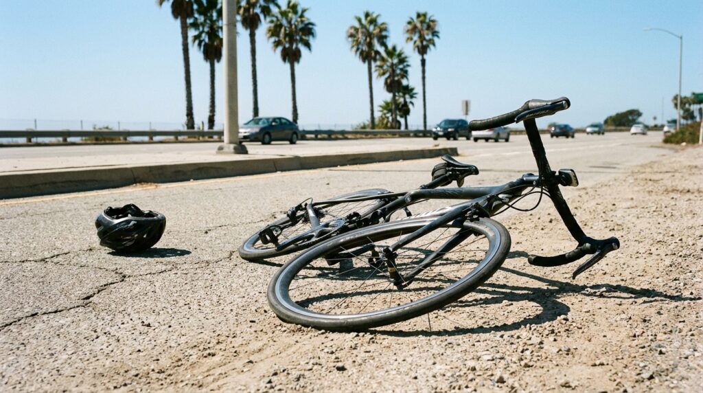 Bent and damaged road bike lying on a California roadway after a bicycle accident