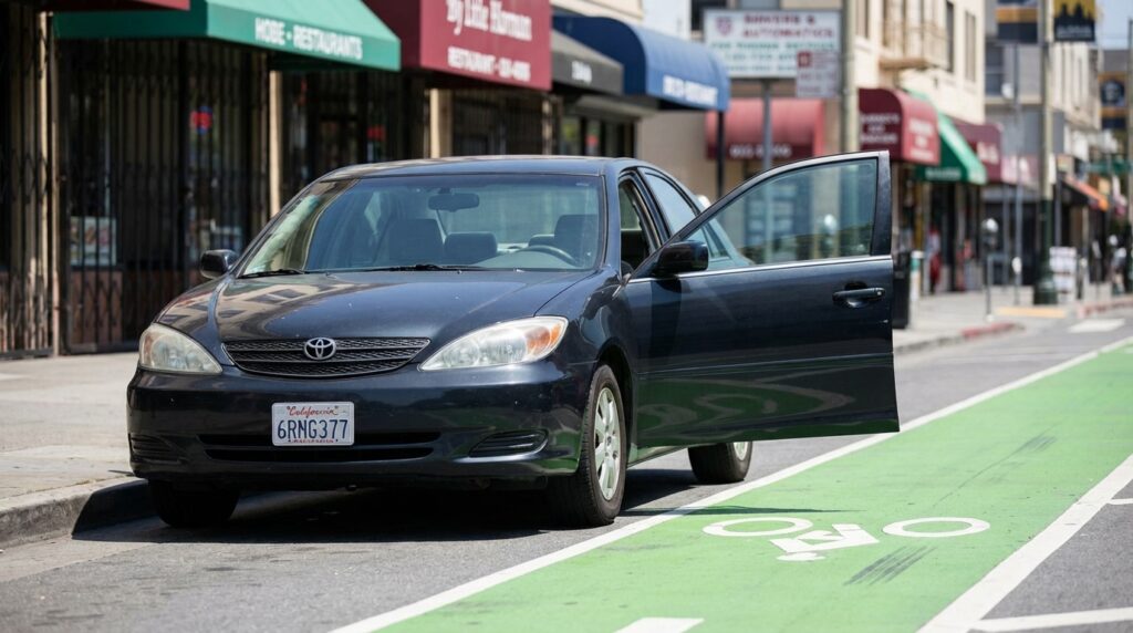 Open car door extending into a bike lane illustrating a dooring hazard