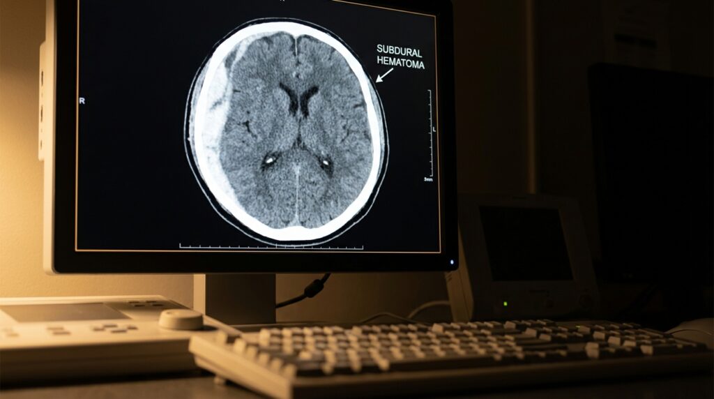 CT scan of a traumatic brain injury showing a subdural hematoma