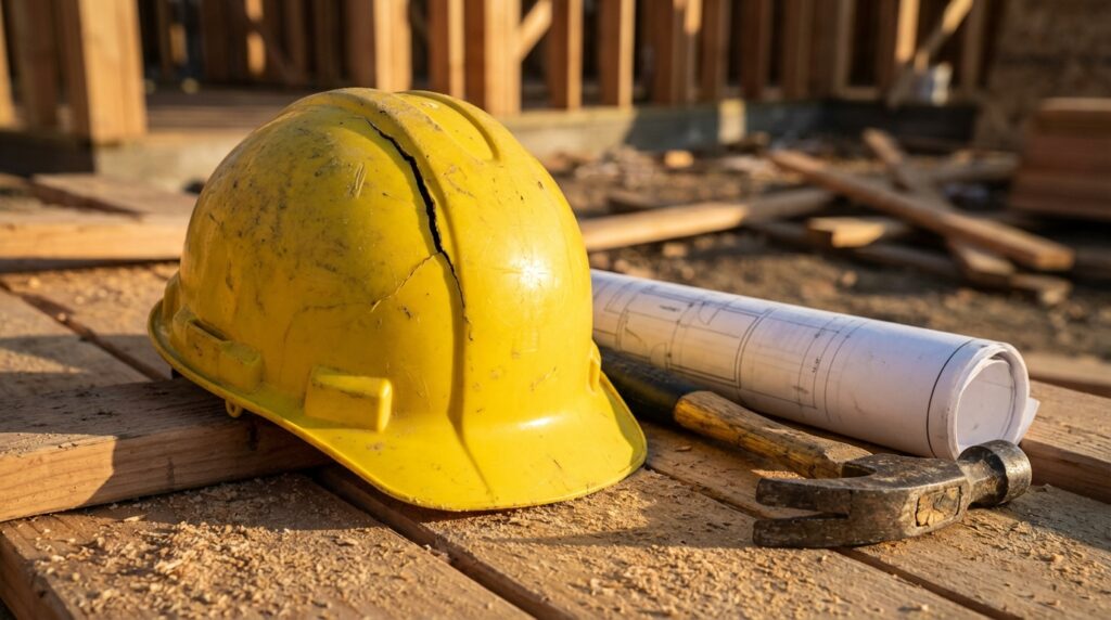 Construction hard hat with visible damage resting on a California job site