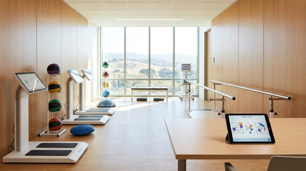 Neuro-rehabilitation therapy room with cognitive therapy equipment at a California rehab center