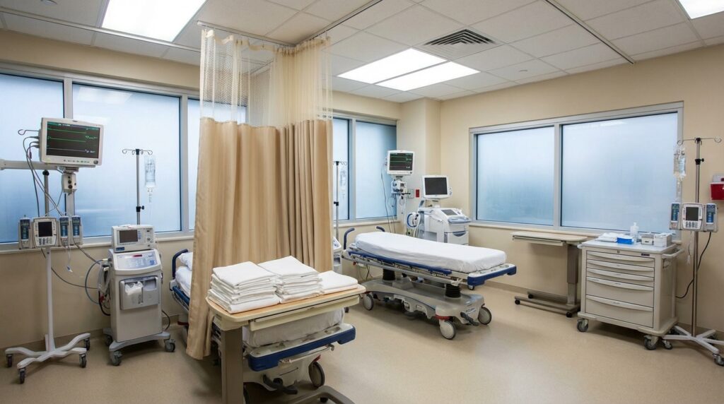 Empty burn unit ICU room at a California hospital with specialty equipment