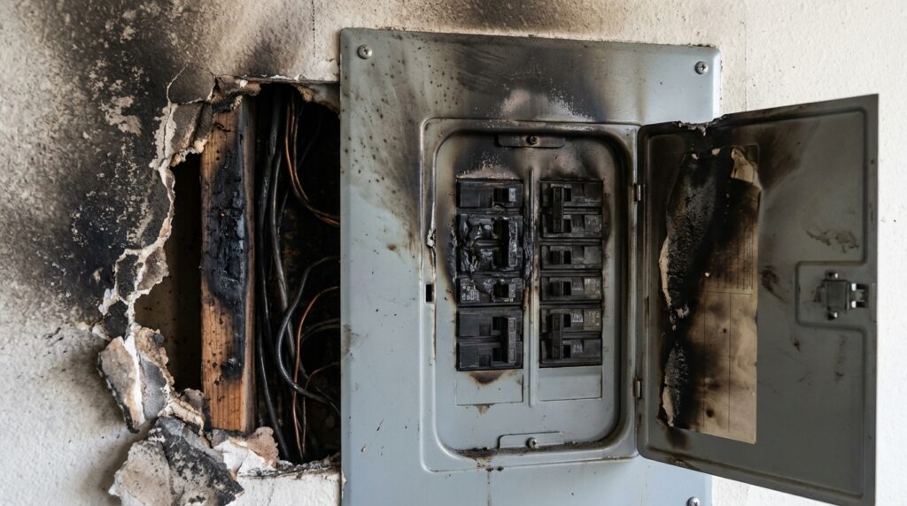 Damaged electrical panel with visible scorch marks from a California apartment fire