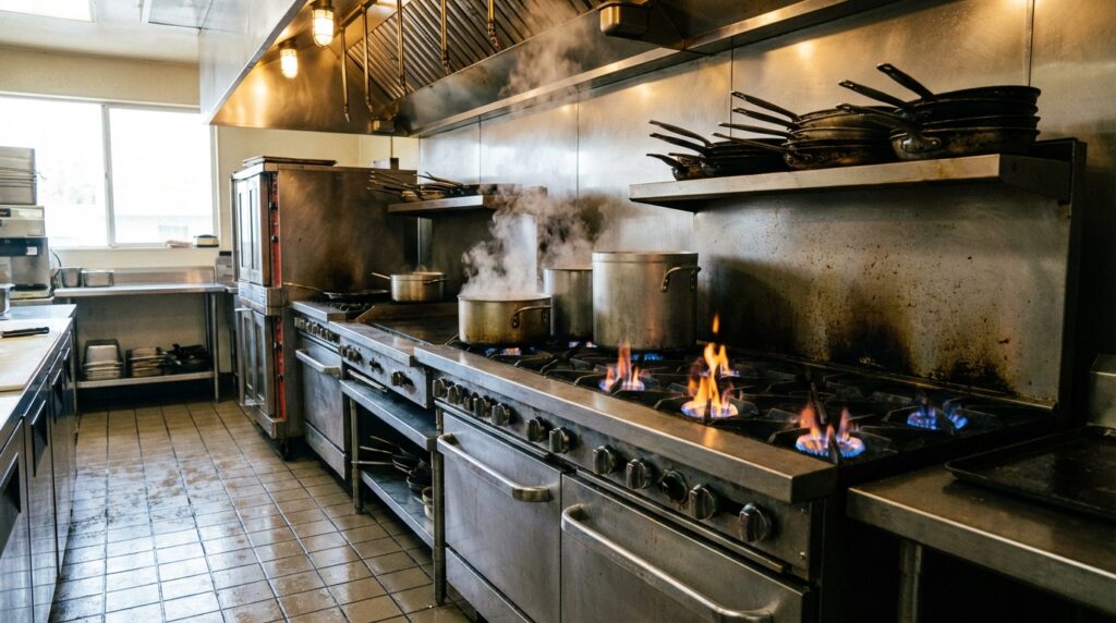 Commercial kitchen with hot cooking surfaces and steam at a California restaurant