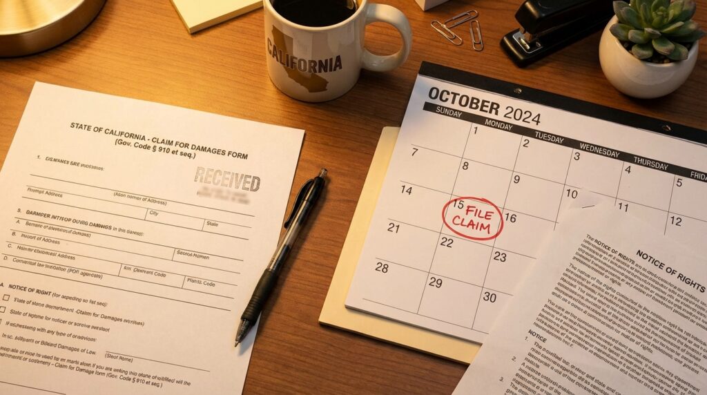 Government claim form paperwork on a desk illustrating the California Tort Claims Act