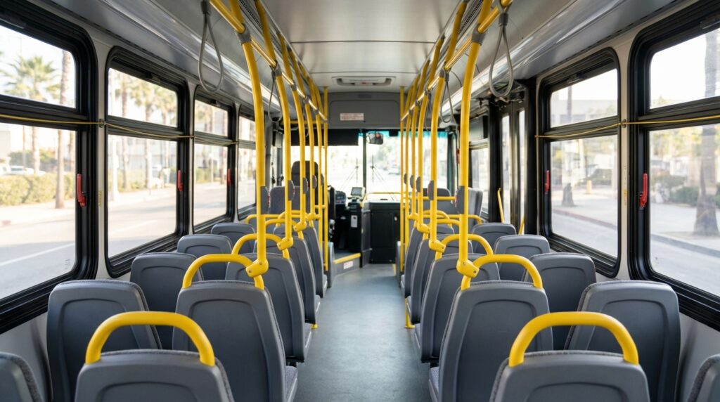 Interior of a modern California transit bus with passenger seats and grab rails