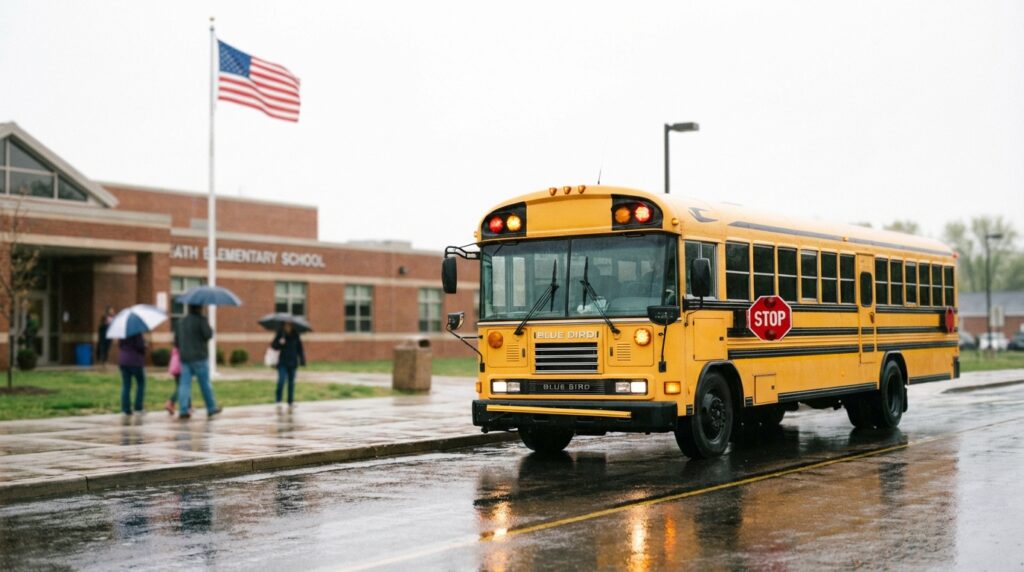 California yellow school bus parked at an elementary school in the morning