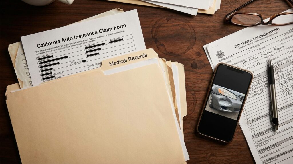 California car accident claim paperwork with insurance forms and medical records on a desk