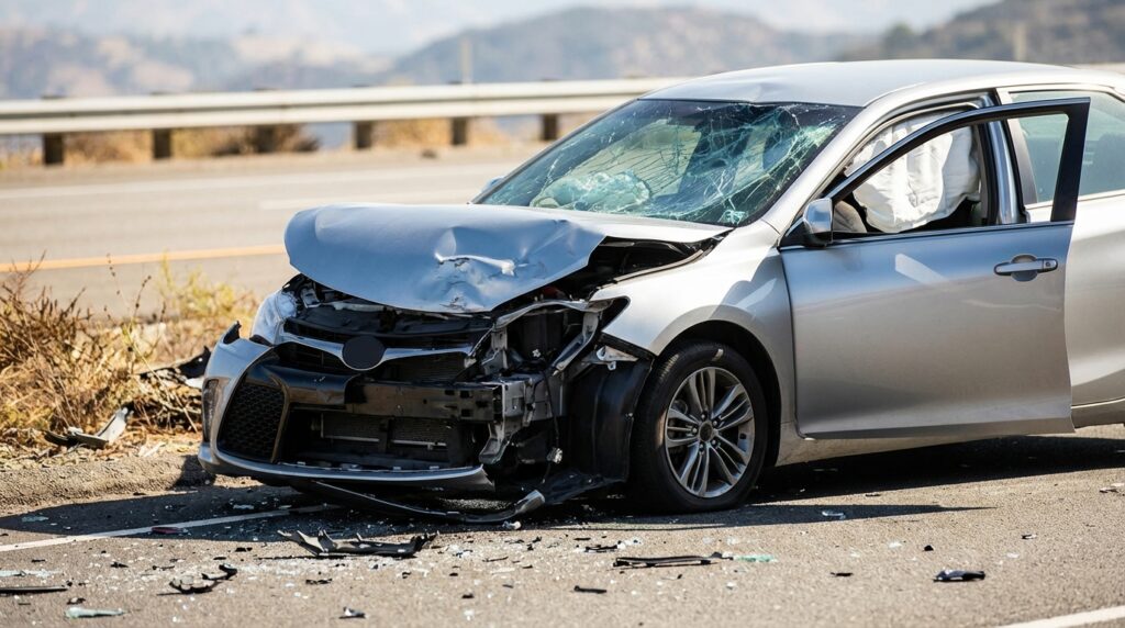Crushed front end of a sedan after a California car accident showing deployed airbag