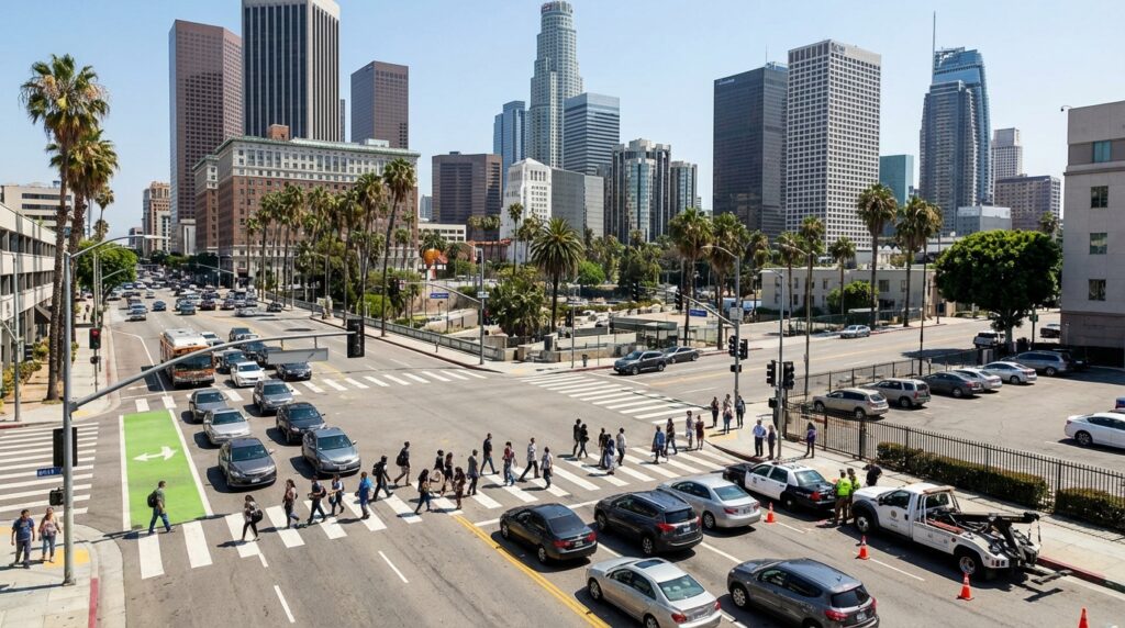 Downtown Los Angeles intersection at Wilshire and Figueroa with heavy traffic