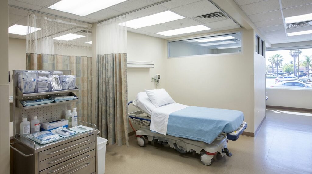 Emergency room exam room at a California hospital after treatment for an animal bite