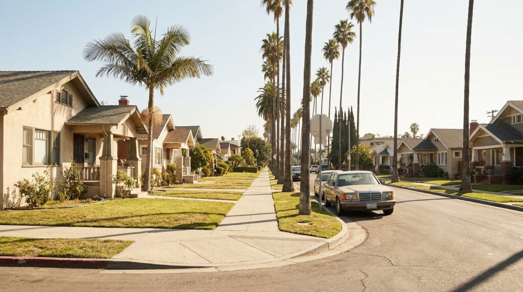 Quiet Los Angeles residential street with single-family homes and sidewalks