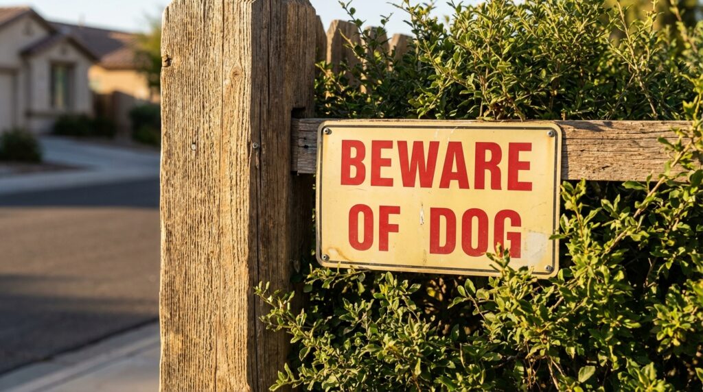 "Beware of Dog" warning sign posted on a residential California fence