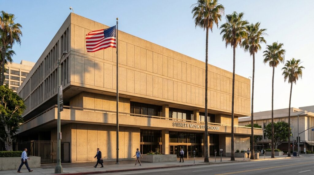 Stanley Mosk Courthouse exterior at golden hour in downtown Los Angeles
