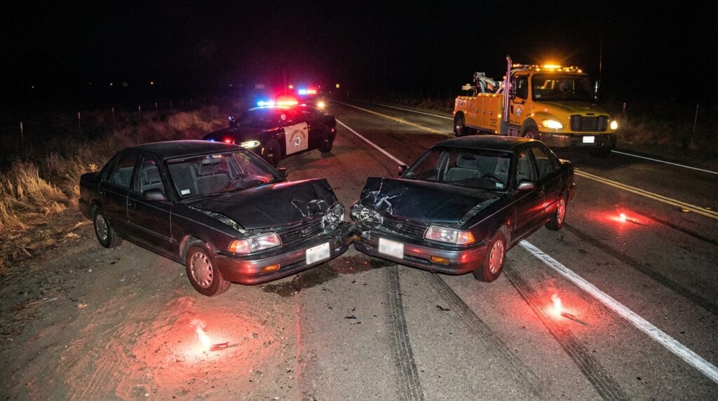 Head-on collision scene on a California rural highway at night