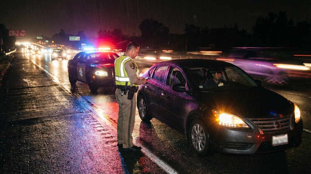 CHP officer conducting a roadside sobriety check on a California highway at night