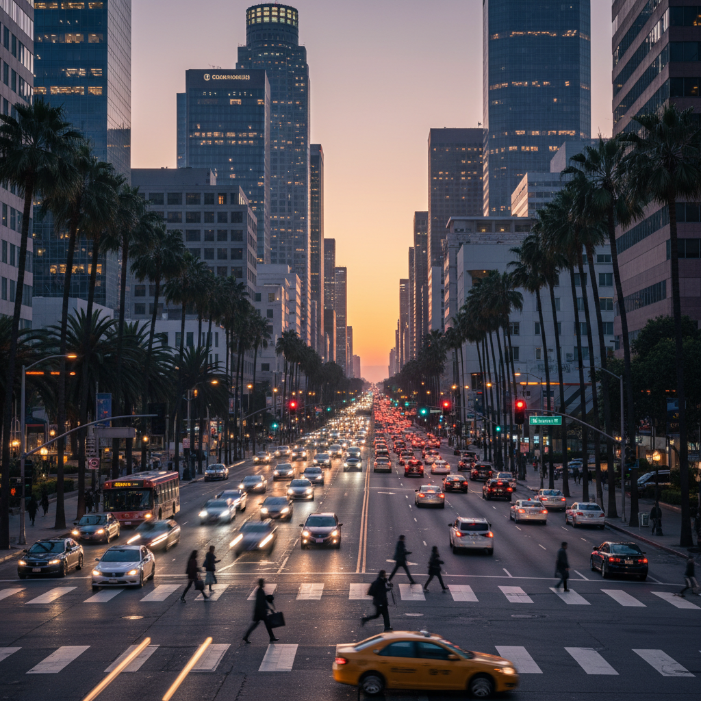 Downtown LA Street at Dusk with Palm Trees and Traffic | Oakland, CA
