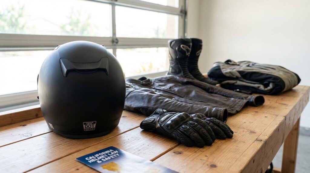 Motorcycle safety gear including a full face helmet and leather jacket on a California garage workbench
