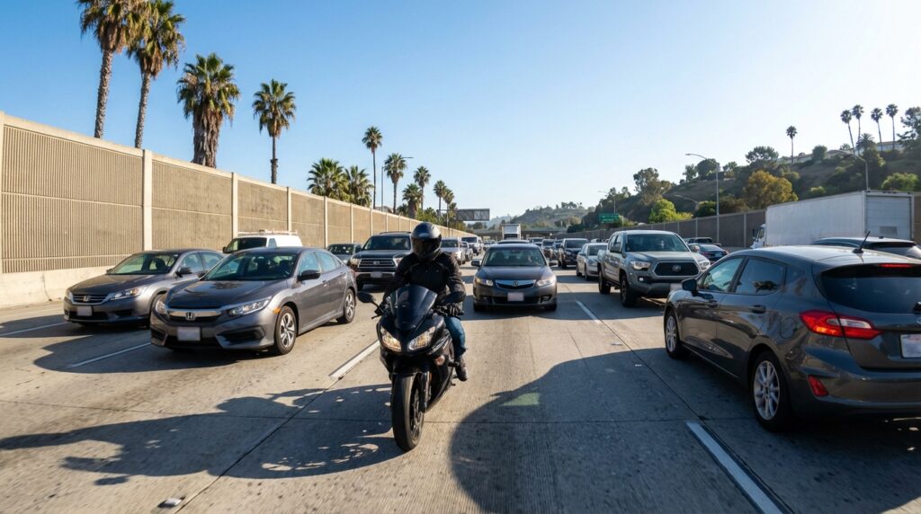 Motorcyclist lane splitting between two lanes of slow freeway traffic in Southern California