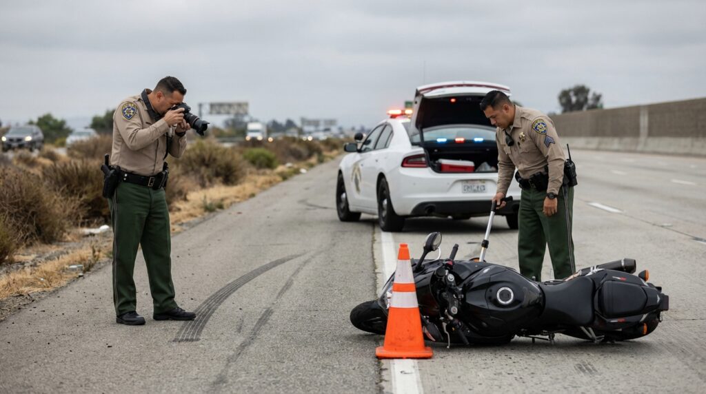 CHP officers investigating a motorcycle crash on a Southern California freeway shoulder