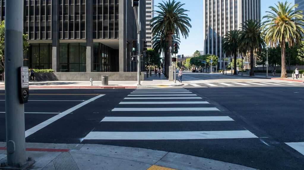 Marked pedestrian crosswalk with walk signal at a Los Angeles intersection