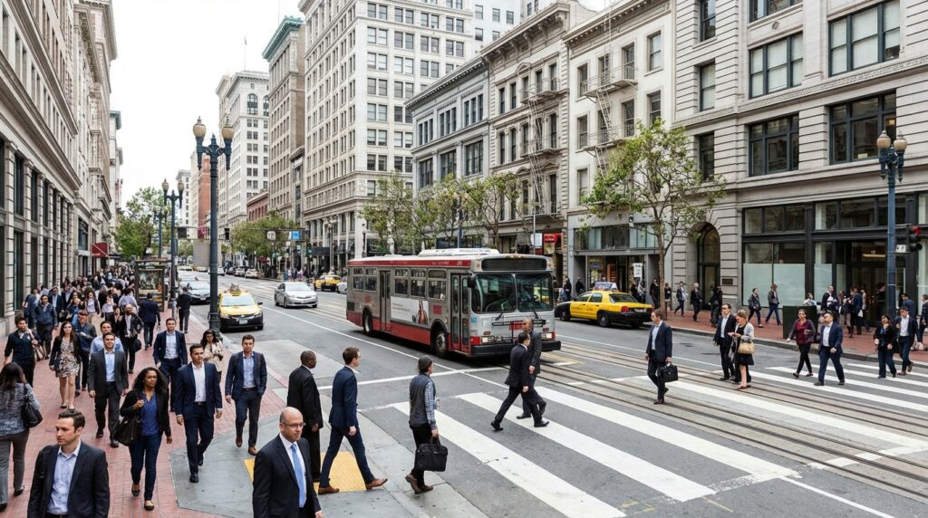 Busy downtown San Francisco street with pedestrians on Market Street in daylight