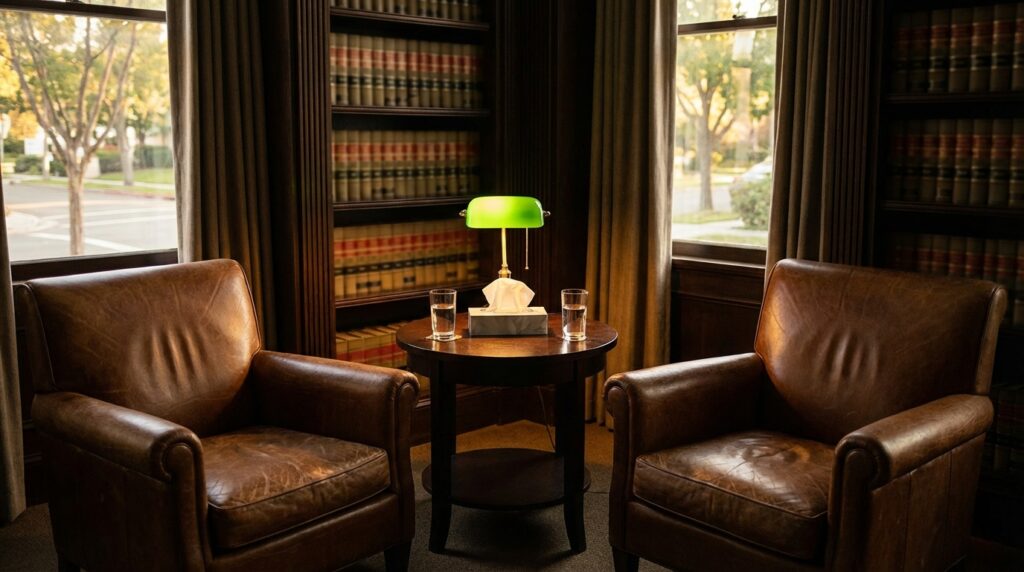 Private confidential attorney-client consultation office with two chairs