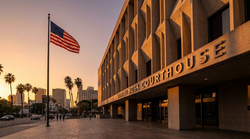 Stanley Mosk Courthouse exterior at golden hour in Los Angeles