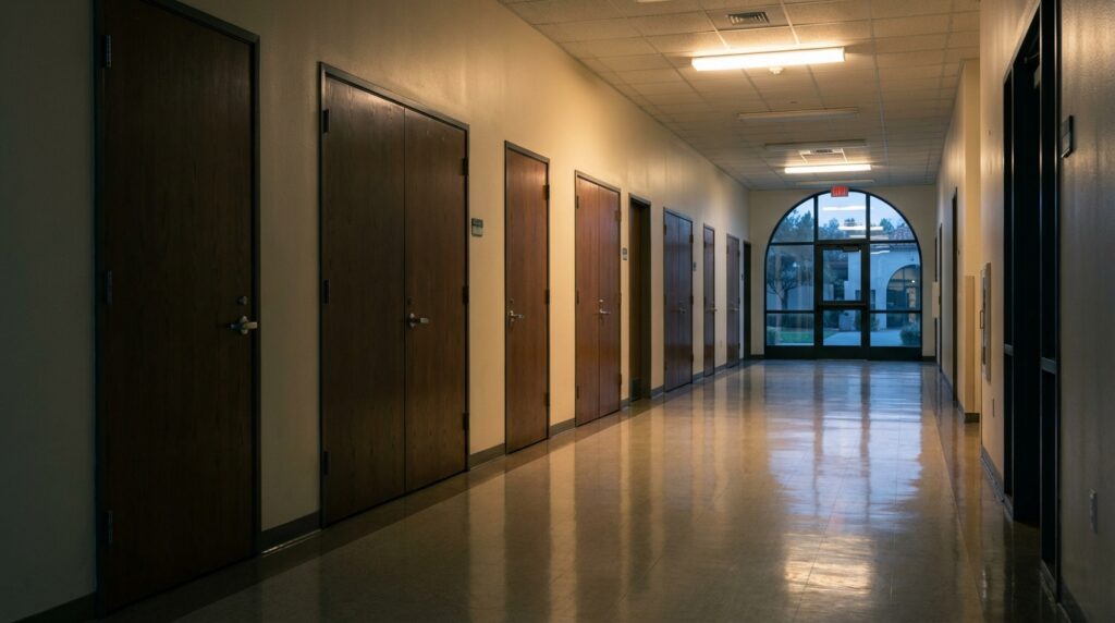 Empty California institutional hallway representing places where abuse occurs