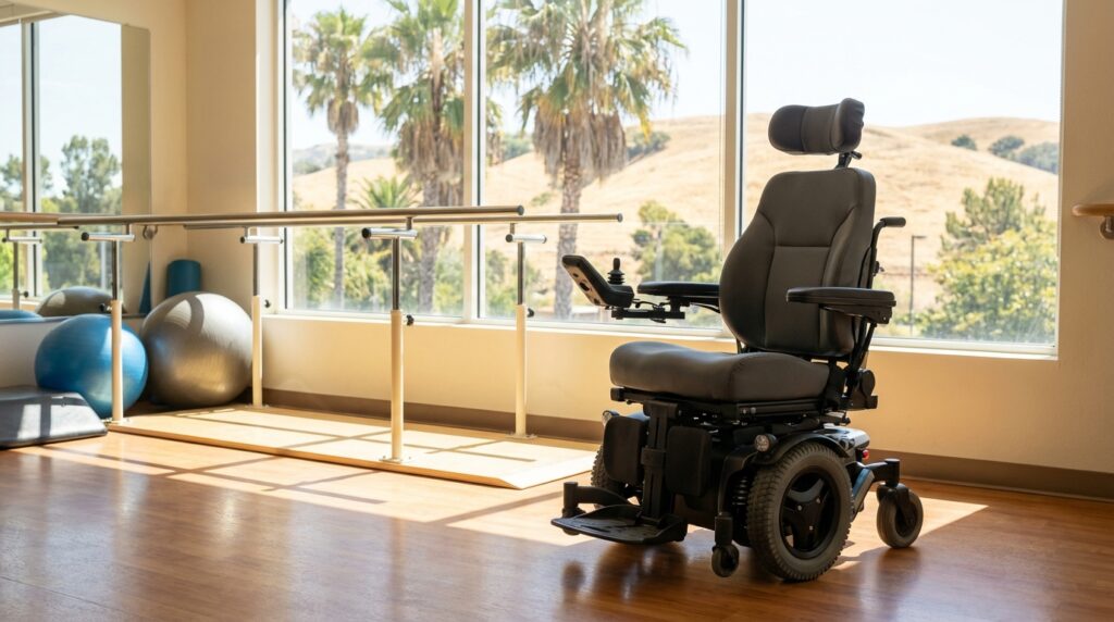 Modern power wheelchair with custom head rest and controls in a California rehab center