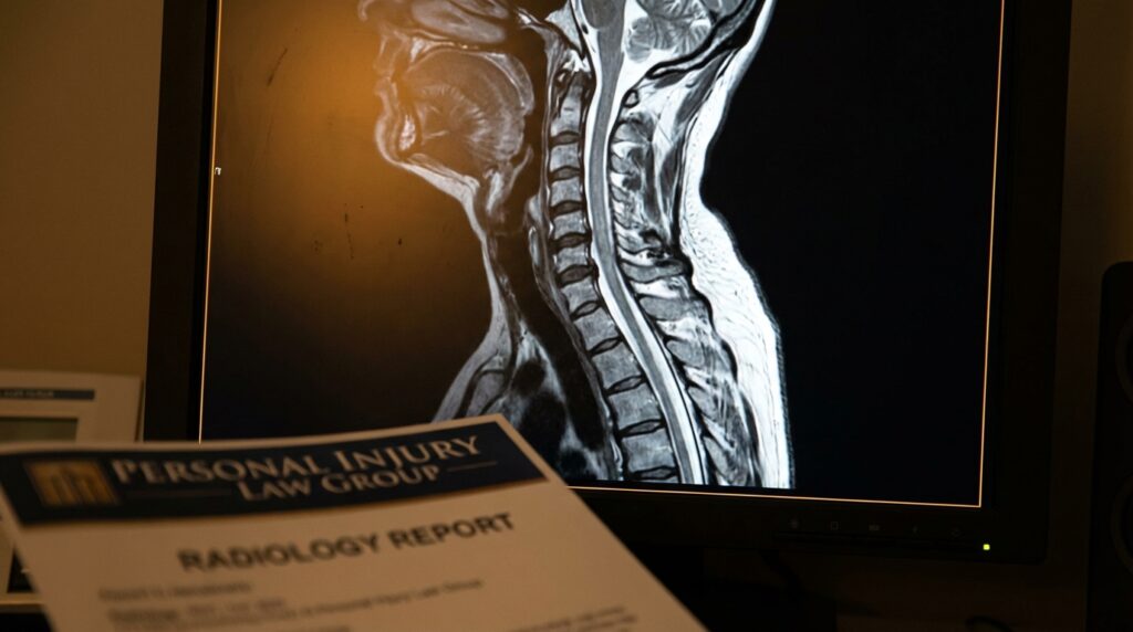 Spinal MRI cross section showing a cervical vertebra and spinal cord