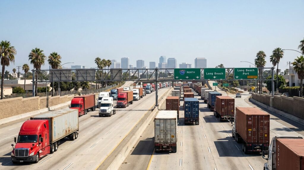 Commercial container trucks on Interstate 710 leaving the Port of Long Beach