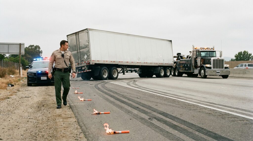 CHP officer investigating a jackknifed semi-truck on a California interstate