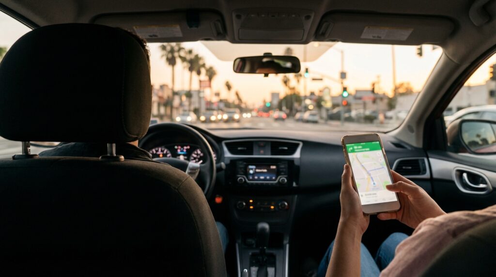 Passenger in the back seat of a rideshare vehicle viewing the trip on a smartphone