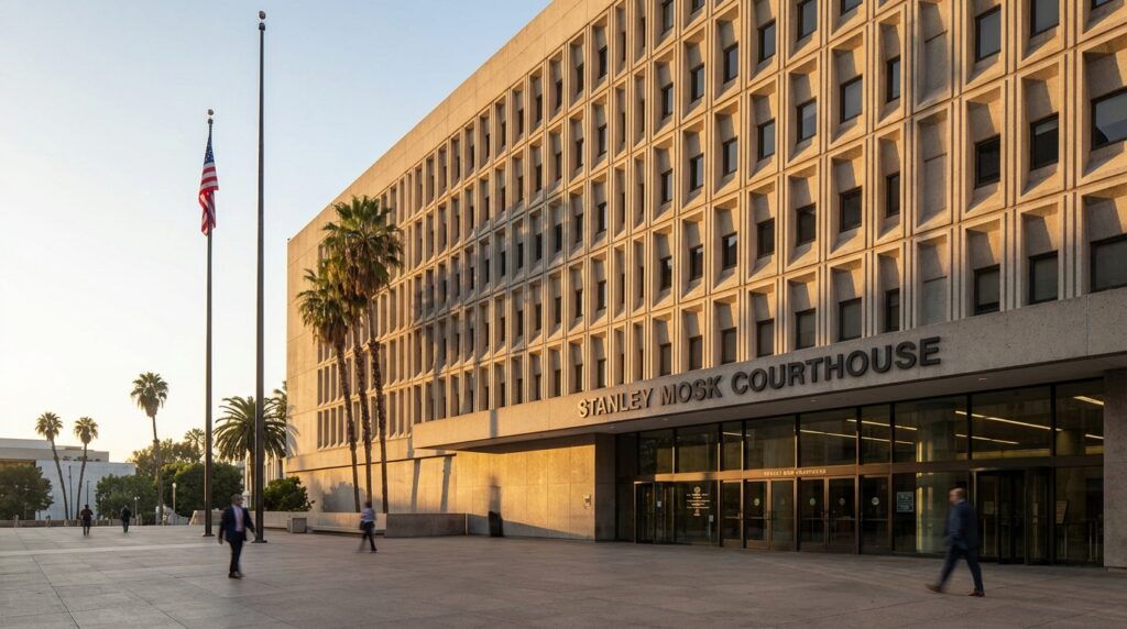 Stanley Mosk Courthouse main entrance in Los Angeles at golden hour