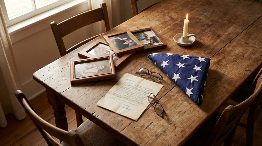 Family photographs and personal belongings of a loved one on a wooden table