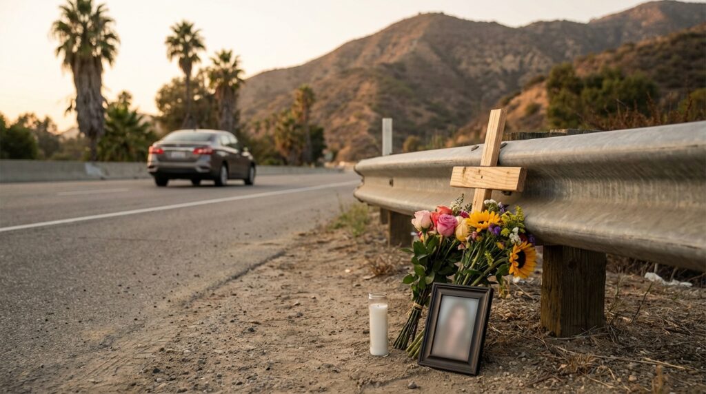 Roadside memorial with flowers and a candle at a California accident site
