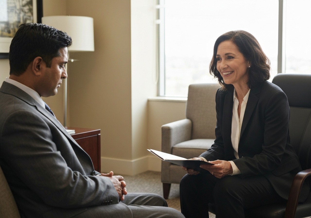 Wrongful death attorney consulting with grieving parent in Los Angeles law office