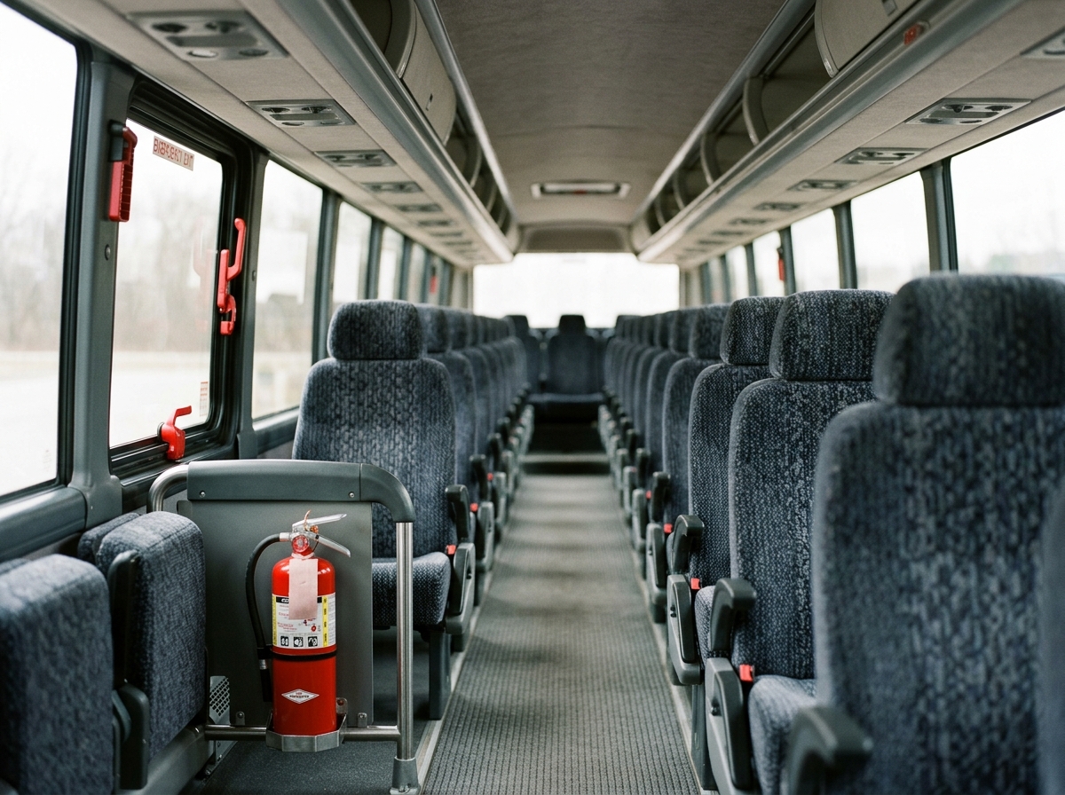 Interior aisle of an empty long-distance motorcoach showing an emergency exit window release and a mounted fire extinguisher