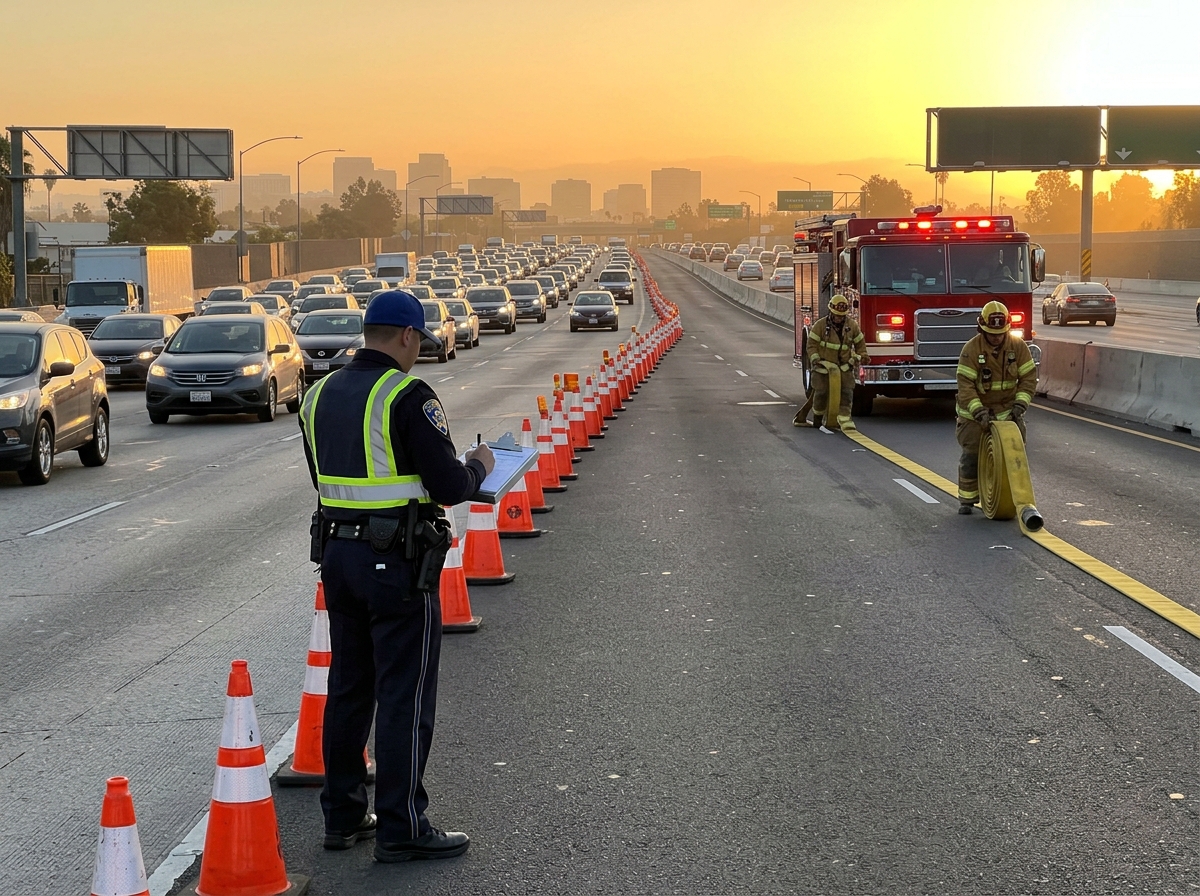 California Highway Patrol officer and county firefighters working a closed eastbound freeway shoulder during the morning commute