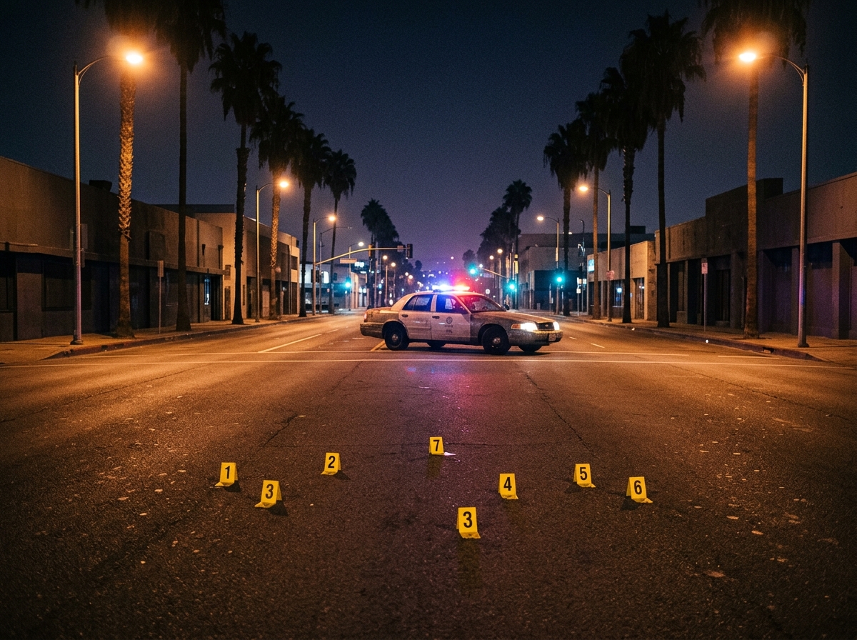 Numbered evidence markers on the roadway at a Los Angeles intersection at night with a police car blocking the street