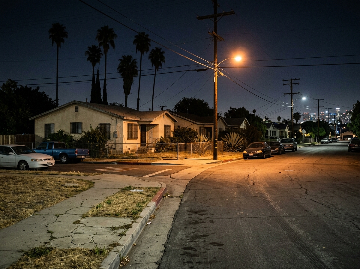 South Los Angeles residential street corner at night lit by a single streetlight, with the downtown skyline in the distance