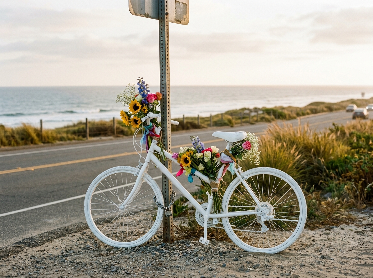 White ghost bike memorial with flowers chained to a signpost beside a coastal Los Angeles roadway