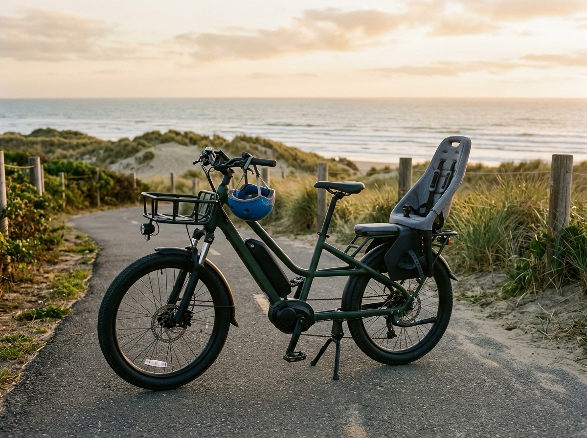 Electric cargo bicycle with an empty child seat and a child's helmet parked on a beach bike path